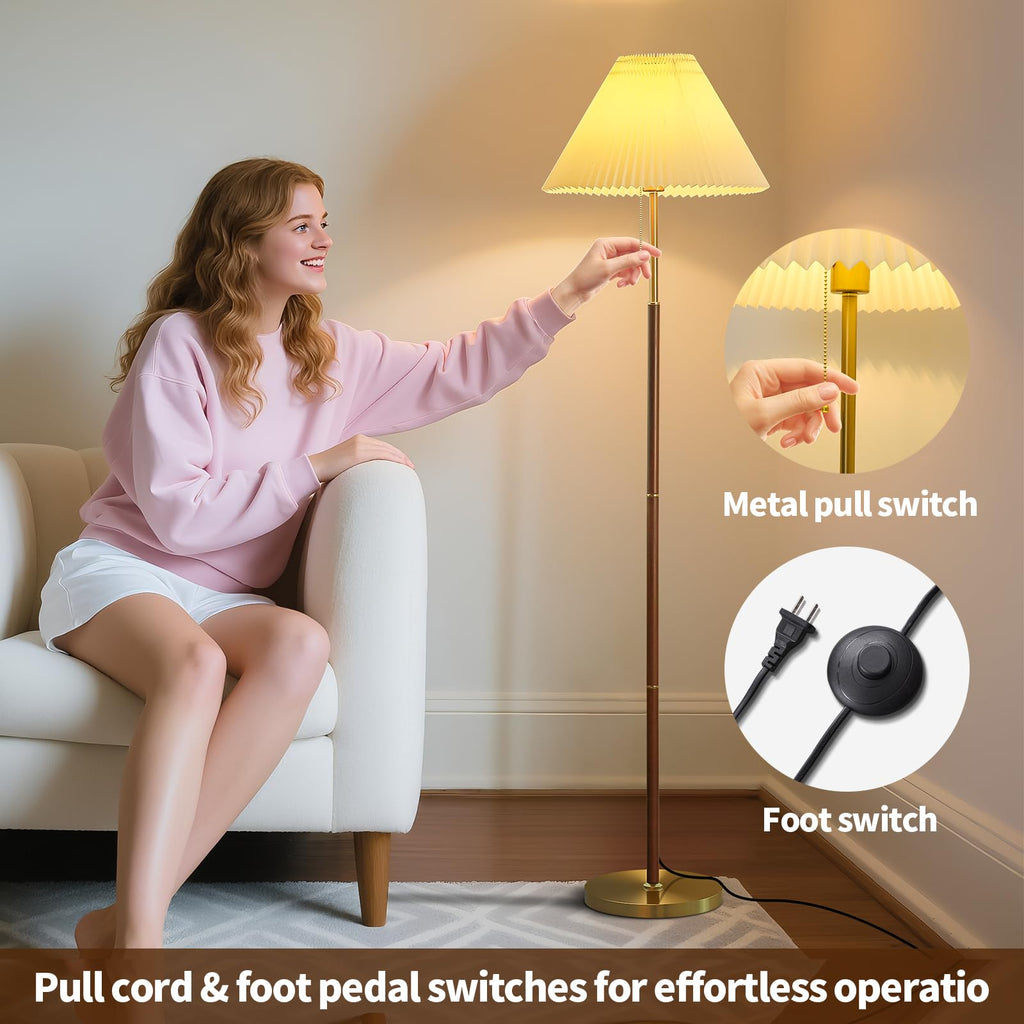 Pleated Lampshade Tall Floor Lamp Corner Bedroom Bedside Office, Brown Pole Lamp, Bright 12W Dimming Reading Light