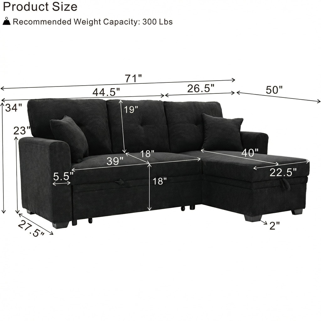 71" Sleeper L Shaped Sofa with Pull Out Bed, 3 Seater Sectional Sleeper Sofa with Reversible Chaise, Modular
