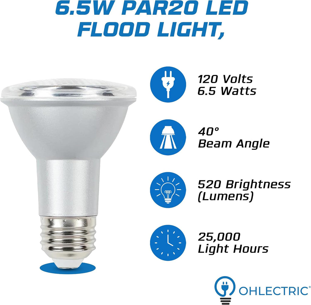 PAR20 LED Bulbs 6.5W 4-Pack, 50W Equivalent, 520lm Dimmable 3000K