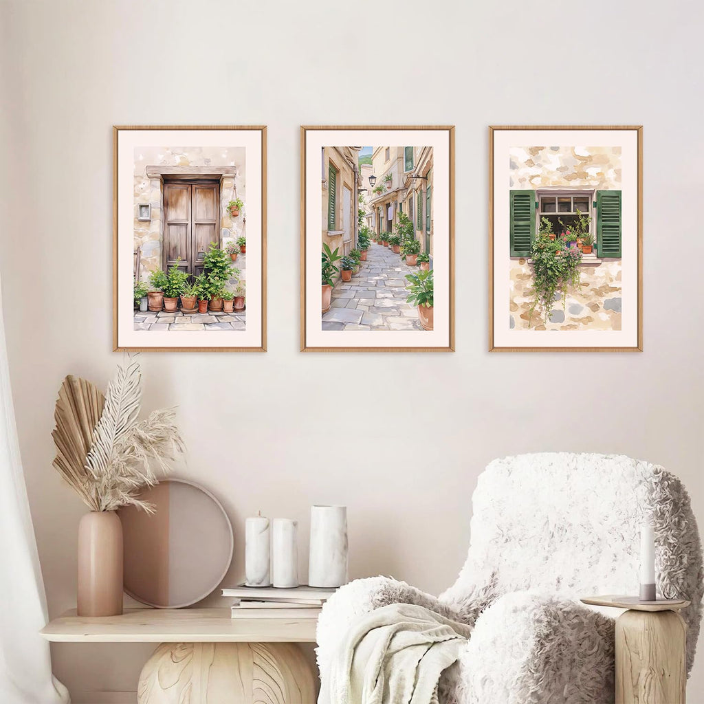 Italy Streets Travel Framed Wall Art Set, Green Botanical Wall Decor, Vintage Italian Style Countryside Villages Wall