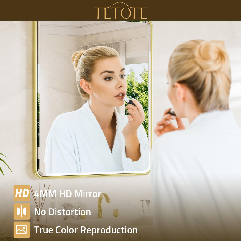 Brushed Gold Mirrors for Wall 30 x 36 Beveled Edge Tempered Glass, Rounded Corner Rectangle Framed Mirror for Modern