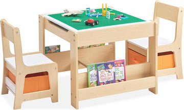 Kids Table and Chair Set, 4 in 1 Wooden Activity Table with Bookshelves and Storage Drawer, 2 in 1 Detachable