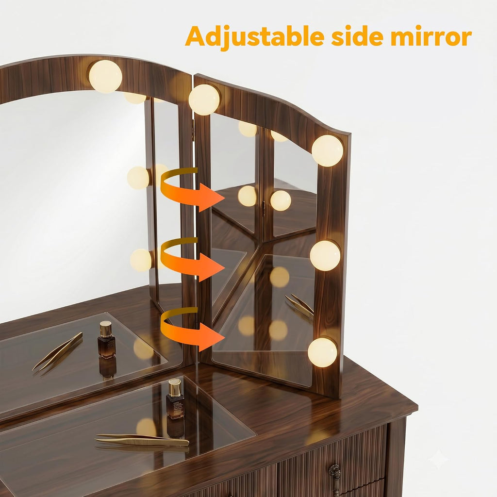 Vanity Desk with Mirror and Lights, Tri-Fold Fluted Makeup Vanity,Walnut | Power Outlet, Glass Top &,Wooden, Dressing