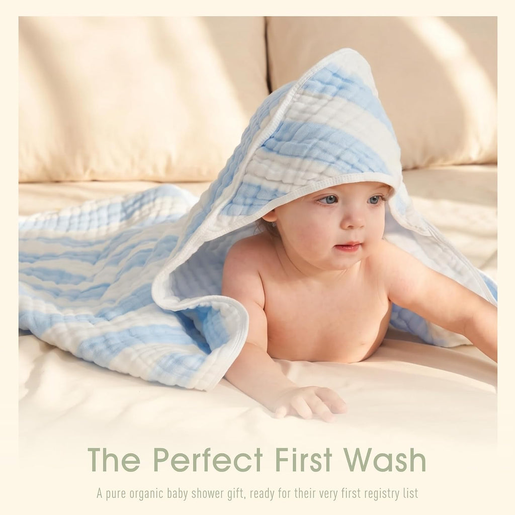 Organic Muslin Hooded Baby Bath Towel 4pc for Newborn - Blue Stripe