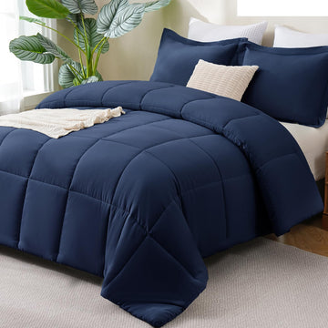 Comforter Set, 3-Piece Box-Stitched, Navy Blue