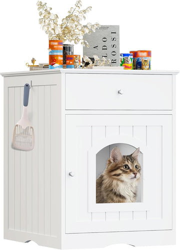 Litter Box Enclosure, Hidden Cat Litter Box Cabinet with Drawer, Wooden Pet Crate, Litter Box Furniture as Cat House
