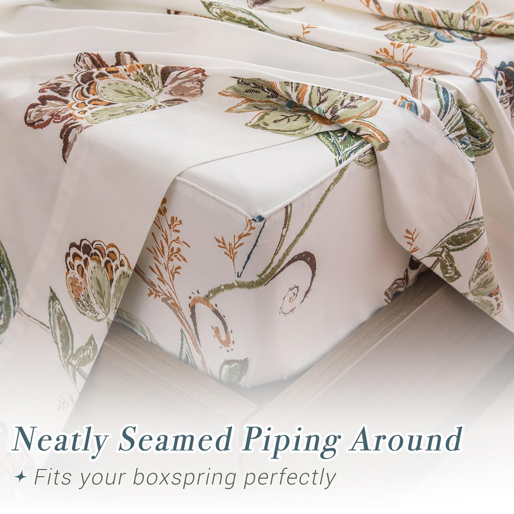 Boho Sheets Sets Percale Printed Sheets Queen Botanical Leaves Flower Pattern Printed Bed Queen Size
