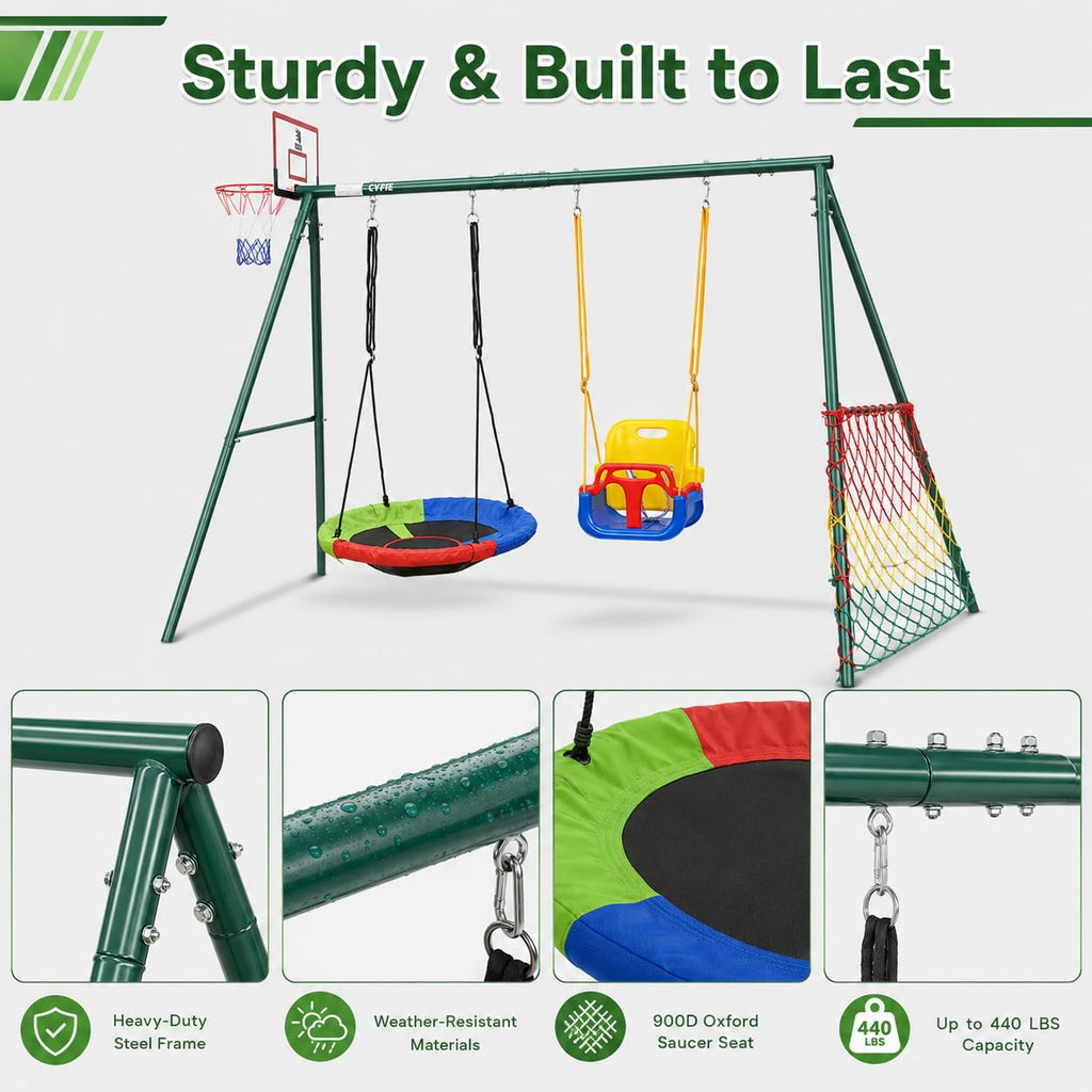 7-in-1 Kids Swing Set and Saucer Swing for Backyard