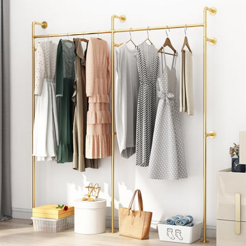 Industrial Pipe Clothing Rack, Heavy Duty Clothes Rack with Double Rods for Hanging Clothes, Wall Mount Space-Saving