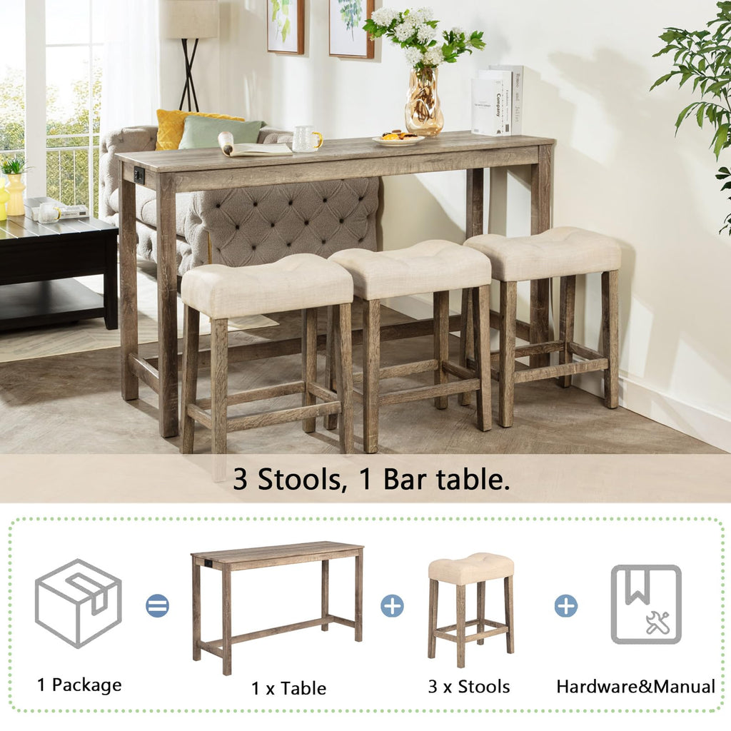 4 Piece Bar Table Set with Power Outlet, Behind Sofa Couch Table with 3 Linen Fabric Padded Saddle Seat Stools