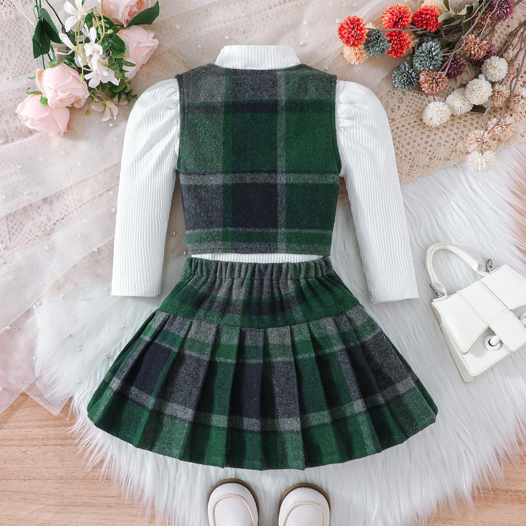 Toddler Girls Fall Outfits Knit Rib Shirt Tops Button Down Vest Plaid Skirt Set Winter Holiday Clothes