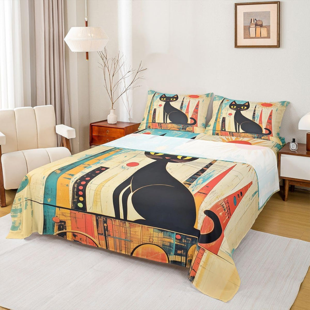 Mid-Century Modern Black Cat Sheets Queen Size Vintage Cute Cartoon Cat Bed Sets Kids Teen Abstract City Animal