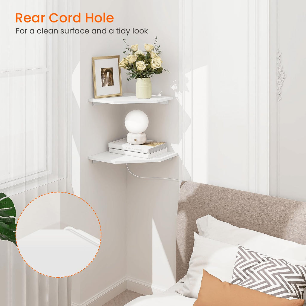 Corner Shelf Wall Mount, Set of 2 Corner Floating Shelves with Cord Hole for Speaker, Cable Box, 2 Tier Wood Hanging