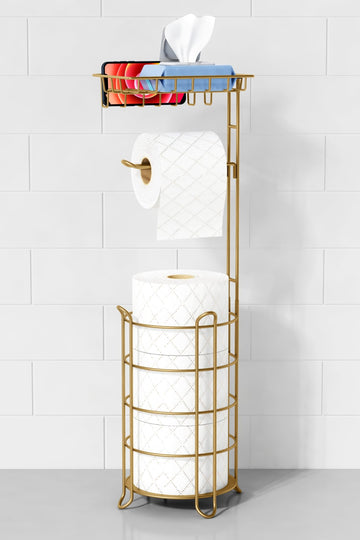 Gold Free Standing Toilet Paper Holder Stand with Phone Shelf, Floor Bathroom Tissue Holder for Large Mega Rolls
