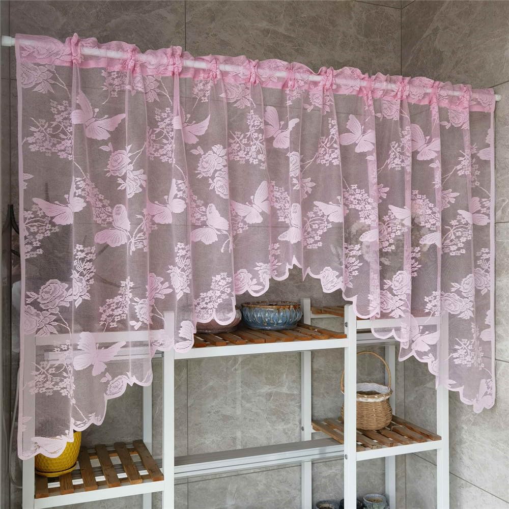 2 Panels Pink Butterfly Embroidery Arched Lace Sheer Curtain Valance
