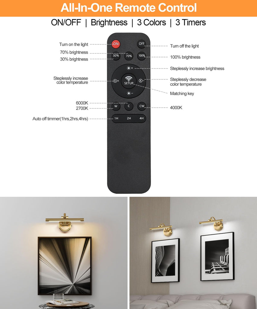 Rechargeable Picture Light for Wall, Dimmable Art Lights for Painting, Battery Operated Wall Sconce with Remote, 3