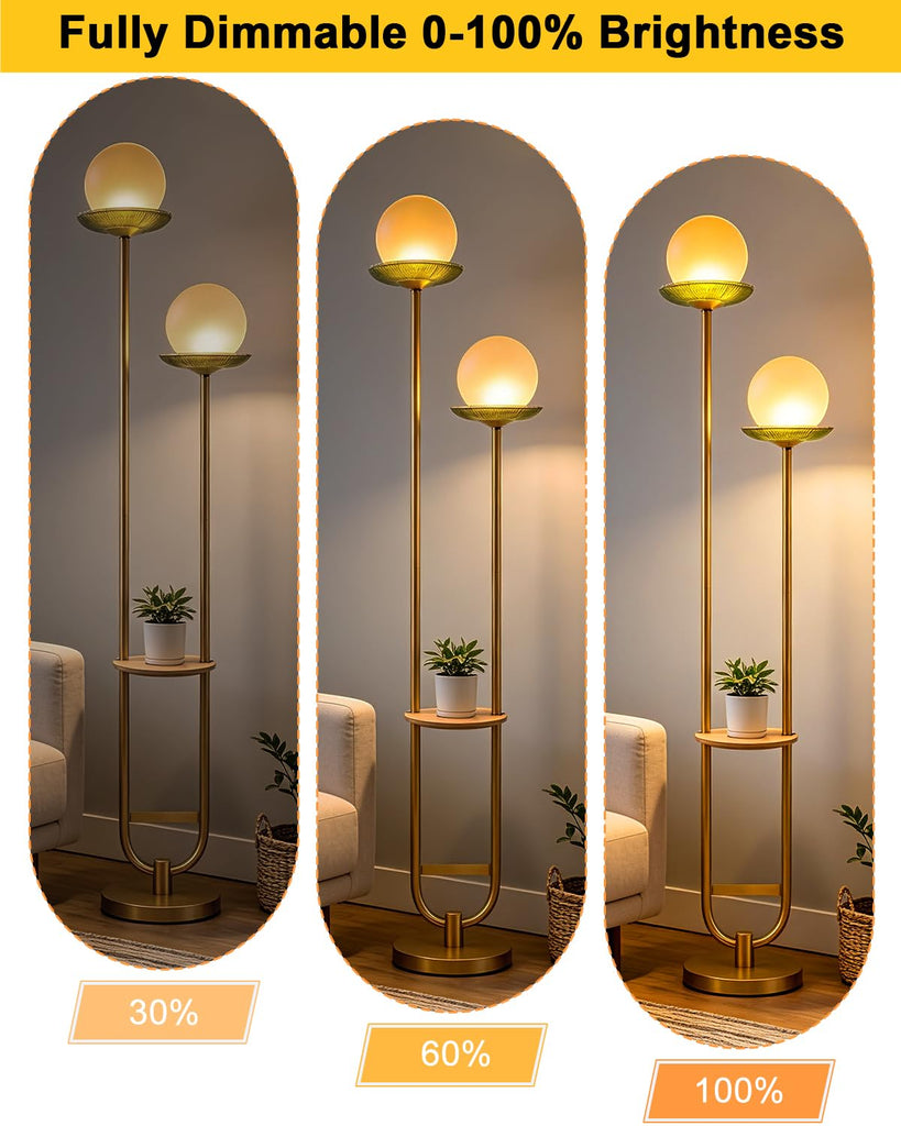 2-Globe Gold Floor Lamp Dimmable with Green Glass Tray Tall Lamp