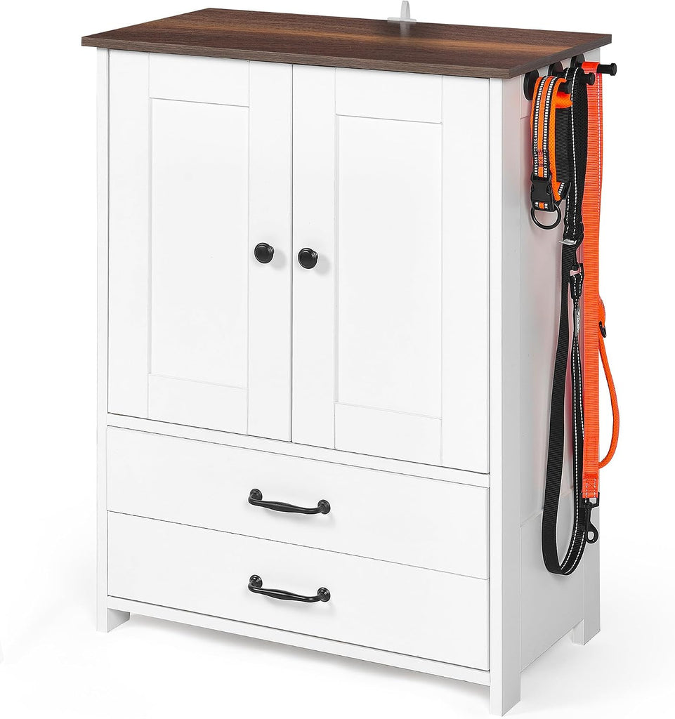 Modern Dog Food Storage Cabinet with 2 Adjustable Doggy Bowls, Pet Feeding Station with Drawer and 3 Hooks for Dogs