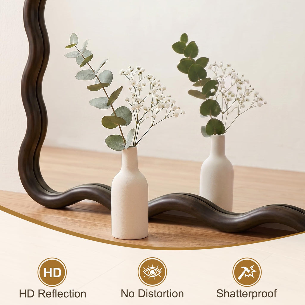 Full Length Mirror, 56"x28" Boho Wavy Floor Mirror, Dark Brown