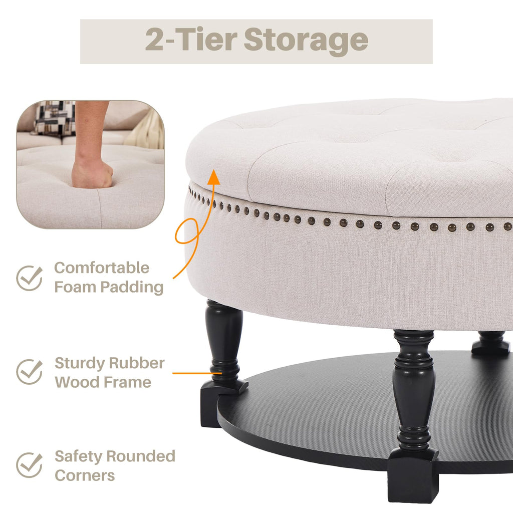 Round Storage Ottoman Coffee Table with Shelf, Tufted Fabric, Beige