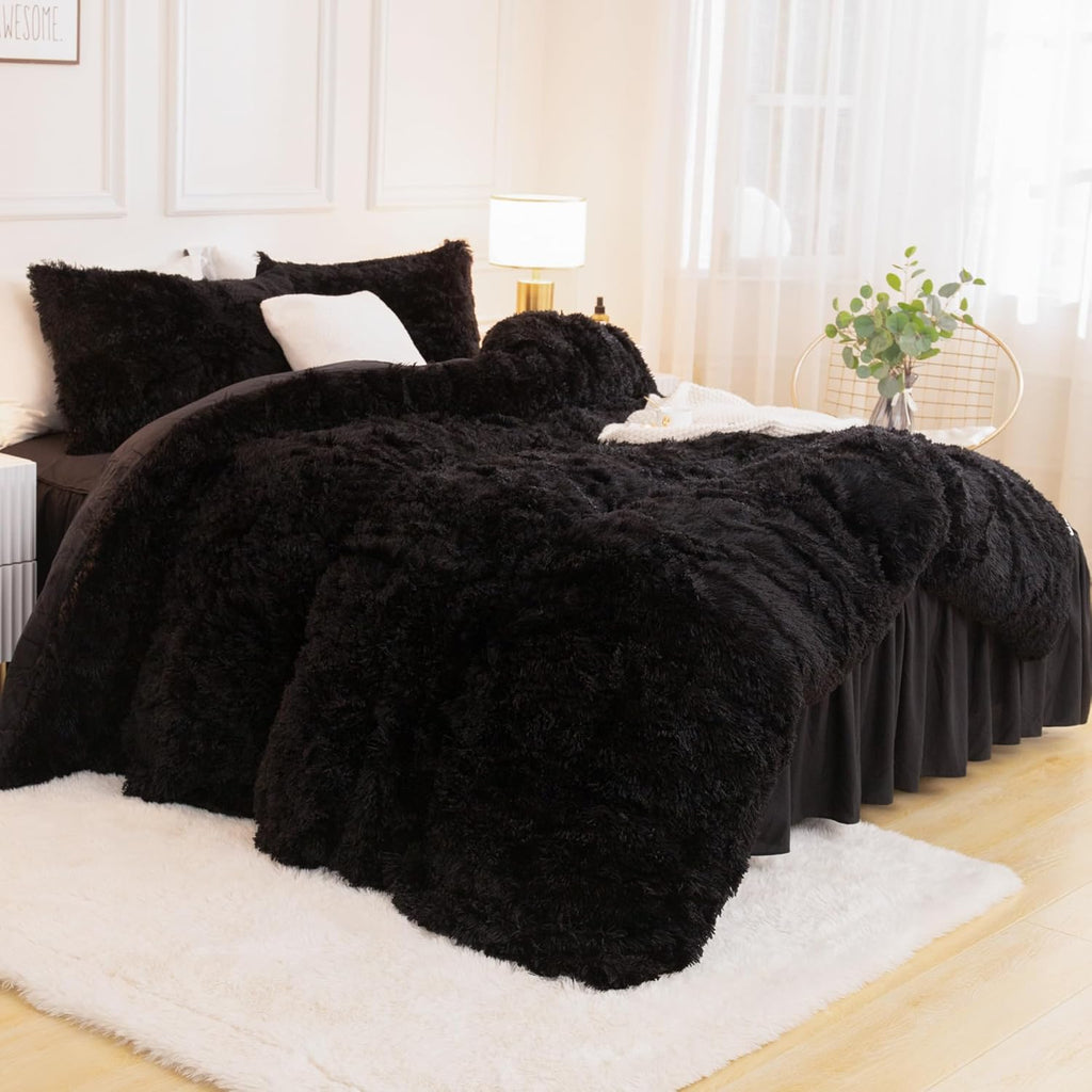 Queen Comforter Set Black, Fluffy Winter Faux Fur Warm Soft Plush Bedding Comforter Set (1 Velvet Comforter & 2