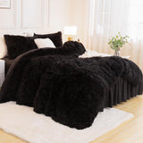 Queen Comforter Set Black, Fluffy Winter Faux Fur Warm Soft Plush Bedding Comforter Set (1 Velvet Comforter & 2
