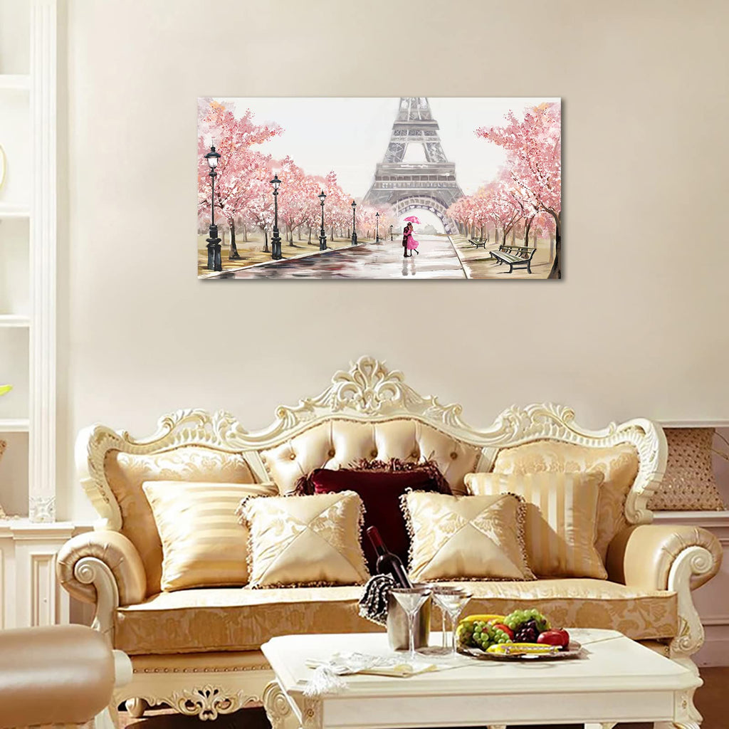 Pink Canvas Wall - Paris Eiffel Tower Couple on Sakura Blossoming Street Scenery - Pink Theme Wall Decor - 30"x60"