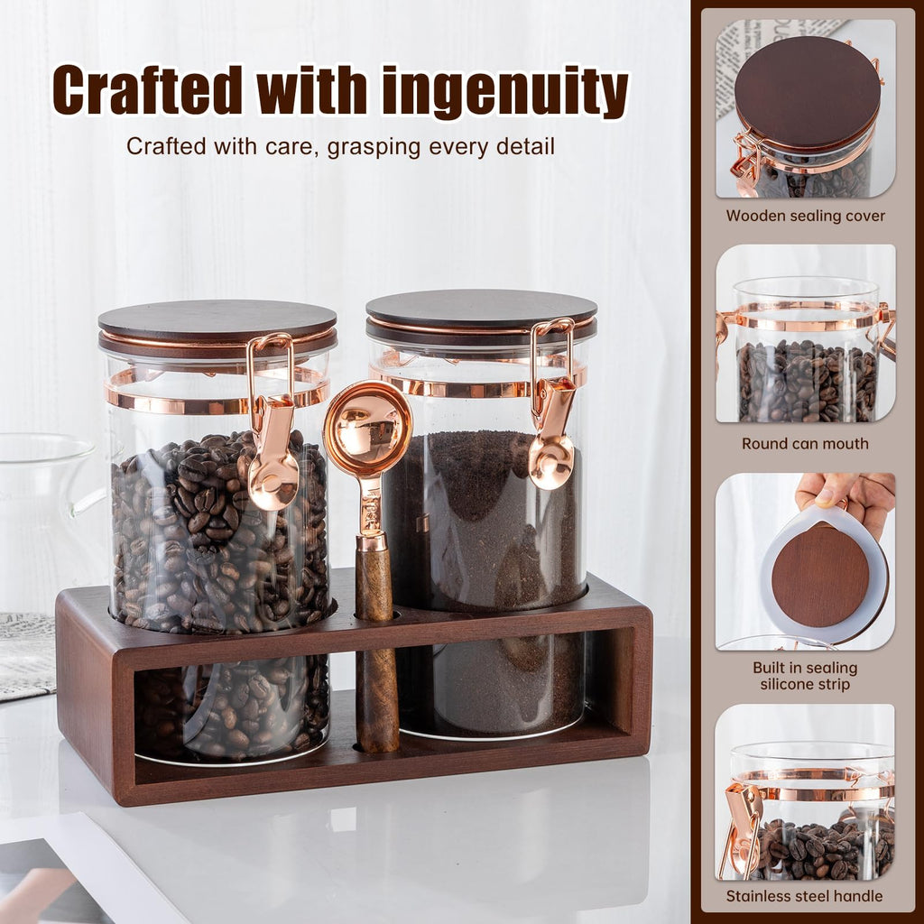 Glass Coffee Container with Wooden Shelf, 2 x 40 FLOZ Coffee Bean Storage with Sealed Closure Clips and Copper Spoon