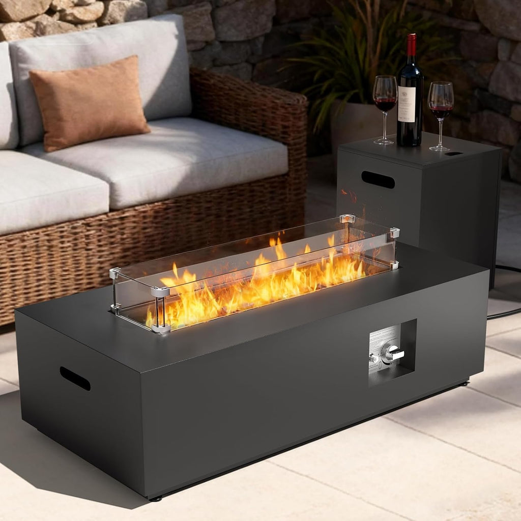 2-Piece 42 Inch Rectangular Propane Fire Pit for Outside Patio with Hidden Tank Table, 50,000 BTU Fireplaces with Glass Wind Guard