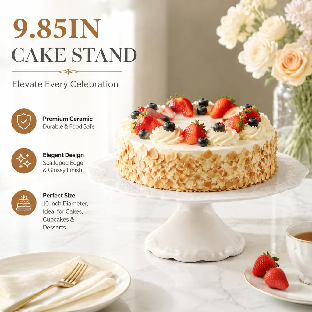 10 Inch Ceramic Cake Stand, White Pedestal Dessert Plate for 8 Inch Cakes