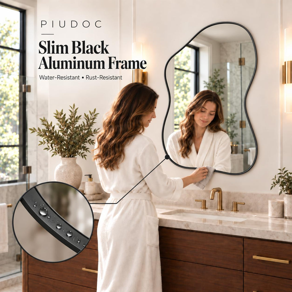 28"x40" Irregular Wall Mirror with Black Frame, Asymmetrical Abstract Decorative Mirror