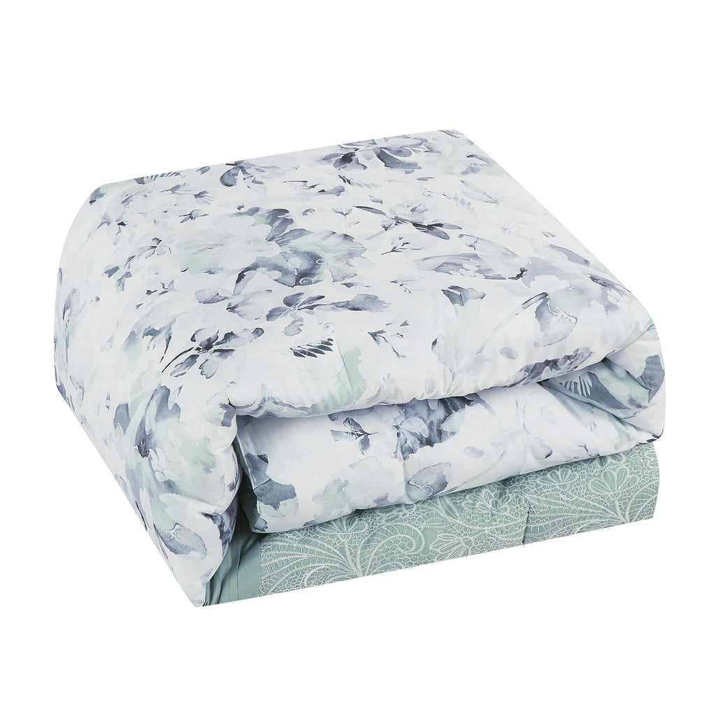Luxury 7-Piece Floral Comforter Set, Aqua-Green Printed & Lace-Style Embroidered Bedding with Decorative Pillows