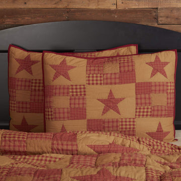 Ninepatch Star Hand Quilted Bedroom Decor, Standard Sham, Red, 21x27