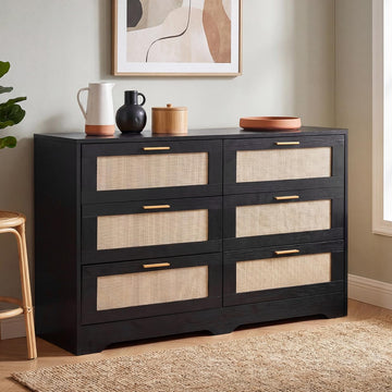 Dresser 6 Drawer Dresser Bedroom Furniture Storage Living Room Hallway, High Weight Capacity 300lbs, Imitation Rattan