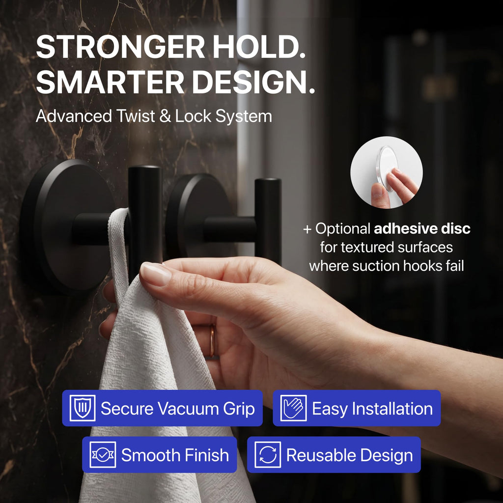 Suction Cup Hooks Towel Holder T-Shape 2-Pack Black