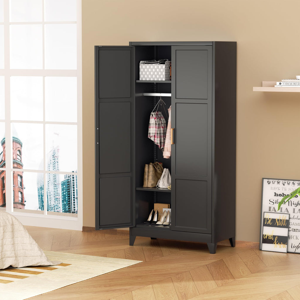Metal Wardrobe Closet, 72" H Bedroom Armoires with Wooden Handle, Metal Cabinet with Adjustable Shelves and Hanging
