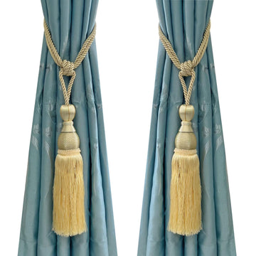 Set of 2 Light Yellow Ball Tassel Curtain Tiebacks Braided Window Decor