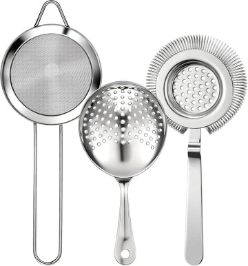 Cocktail Strainer Set, 3 Pack, Includes Hawthorne, Julep & Cone Shaped Fine Mesh Strainer, 304 Stainless Steel Bar - Set of 3