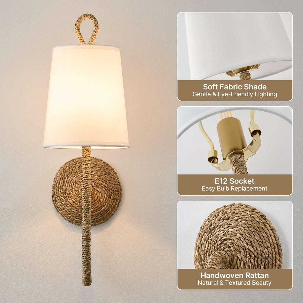 Boho Coastal Rattan Wall Sconce: Set of 2 Wicker Hardwired Bathroom Lights