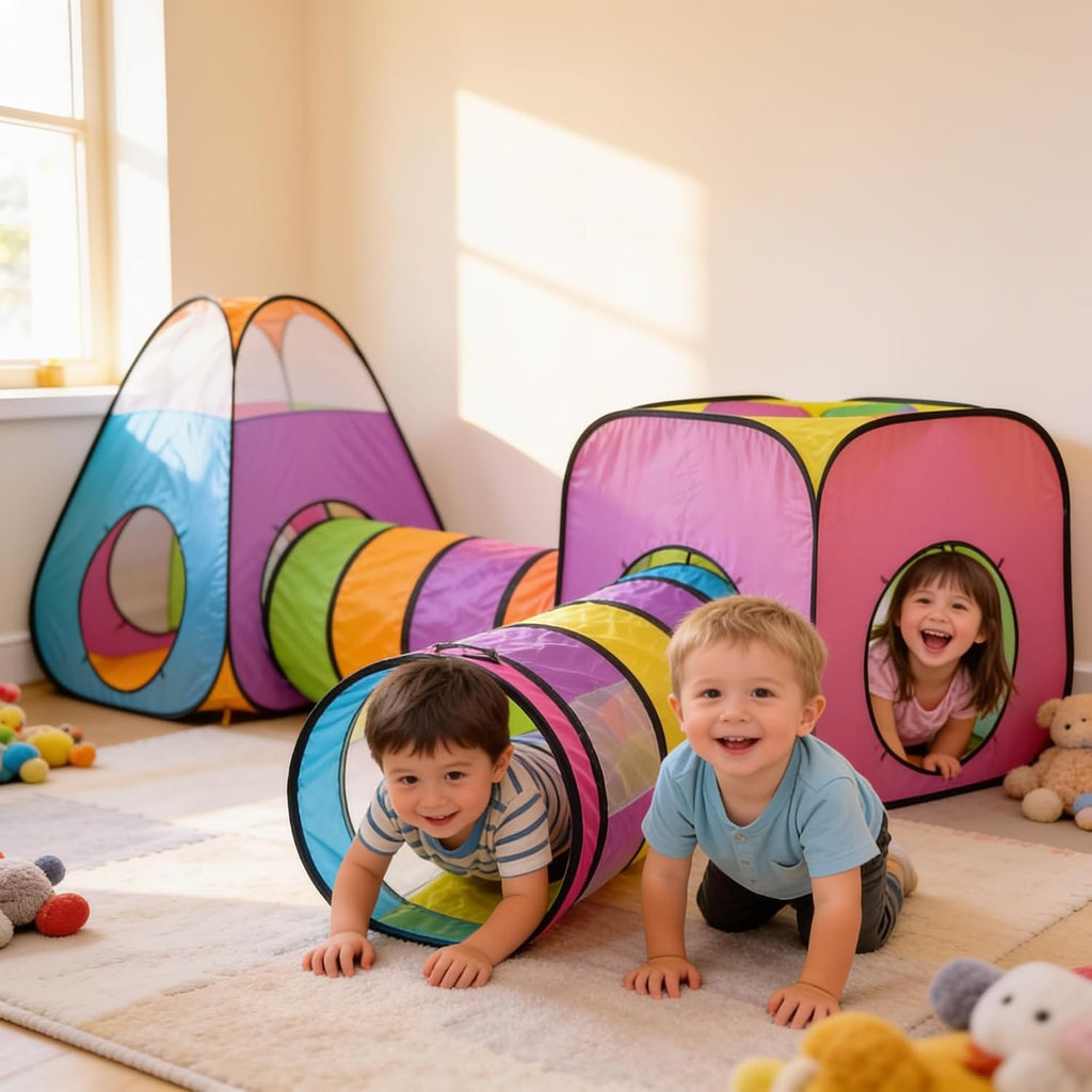 4pc Pop Up Children Play Tent : 2 Crawl Tunnel + 2 Tents : Kids Tents for Boys, Girls, Babies & Toddlers for Indoor &