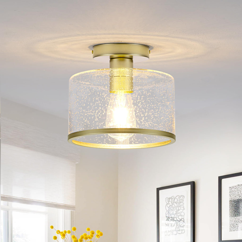 Modern Flush Mount Ceiling Light, Seeded Glass Ceiling Light Fixture, Gold Light Fixture