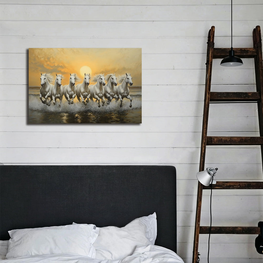 Horse Pictures Wall Decor, 7 Running Horses Wall Art Vastu With Frame, Horse Posters Canvas Wall Art, Seven Horses