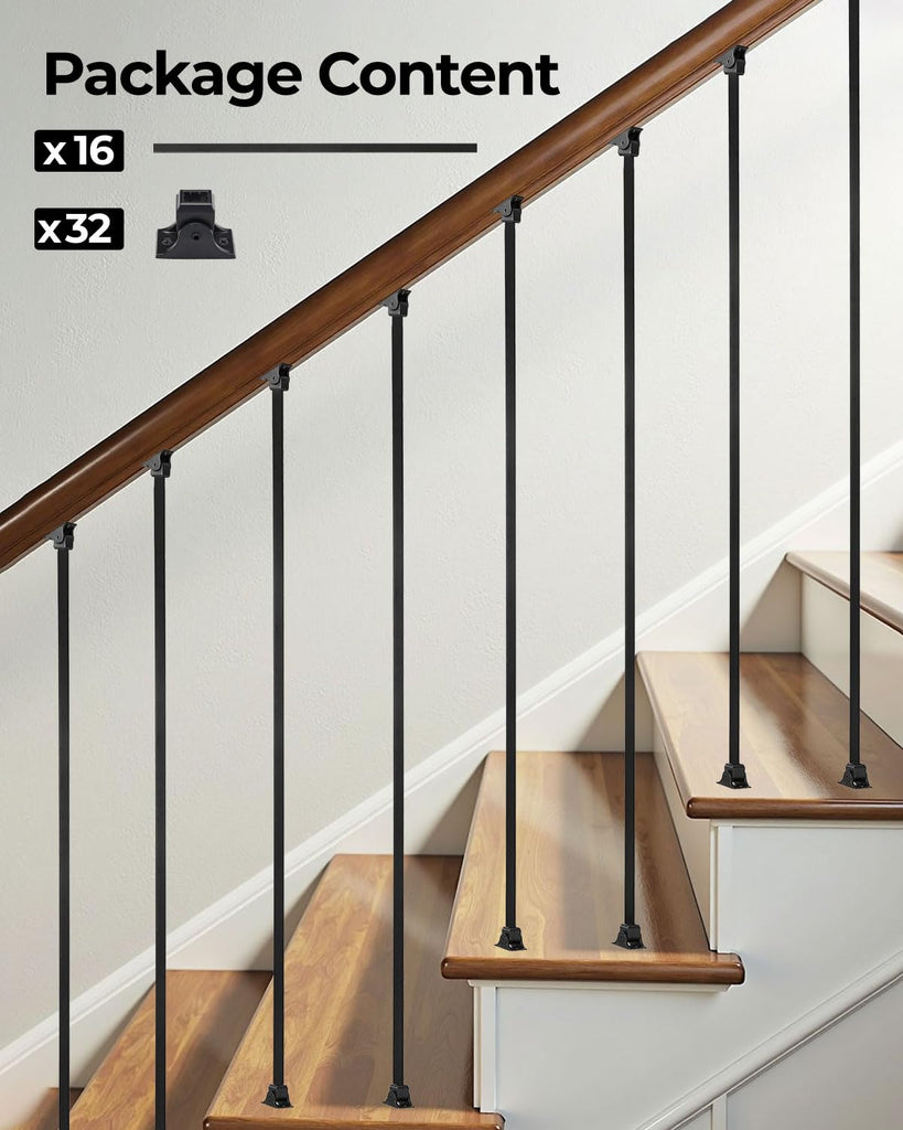 16 Pack Iron Balusters for Staircase Interior Square Hollow Stair Spindles 1/2" Iron Straight Balusters with 32