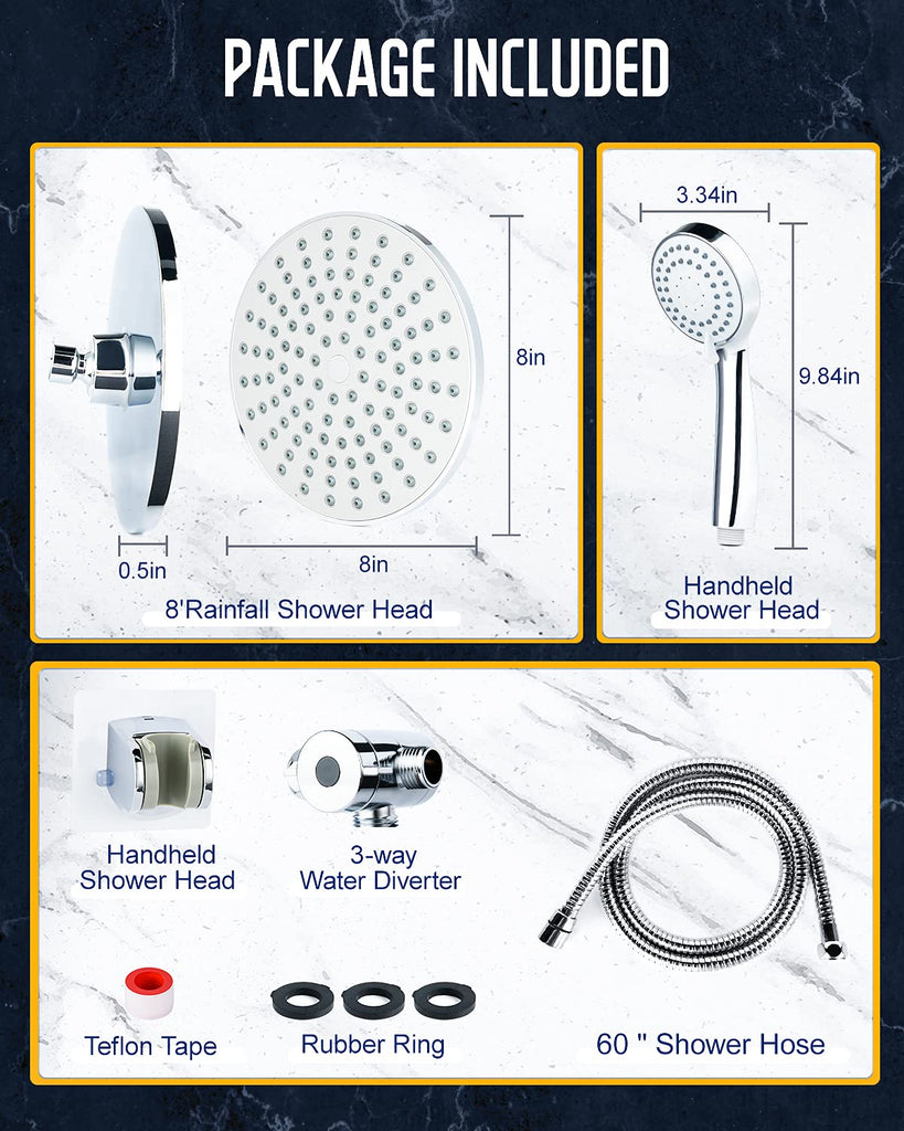 High Pressure 8" Rainfall Shower Head and Handheld Shower Heads Combo, with 60" hose, Punch-free, Dual Powerful