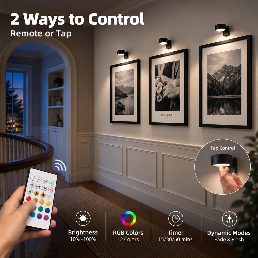 Picture Lights for Wall, 2000mAh Rechargeable Battery Magnetic Poster Lights with 3 Color Temps & 12 RGB, Remote