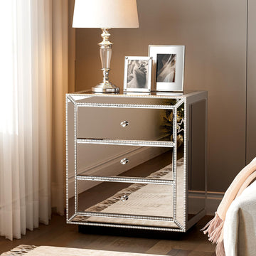 Mirrored Nightstand with 3 Drawers, Silver End Table with Crystal Handles, Modern Bedside Table