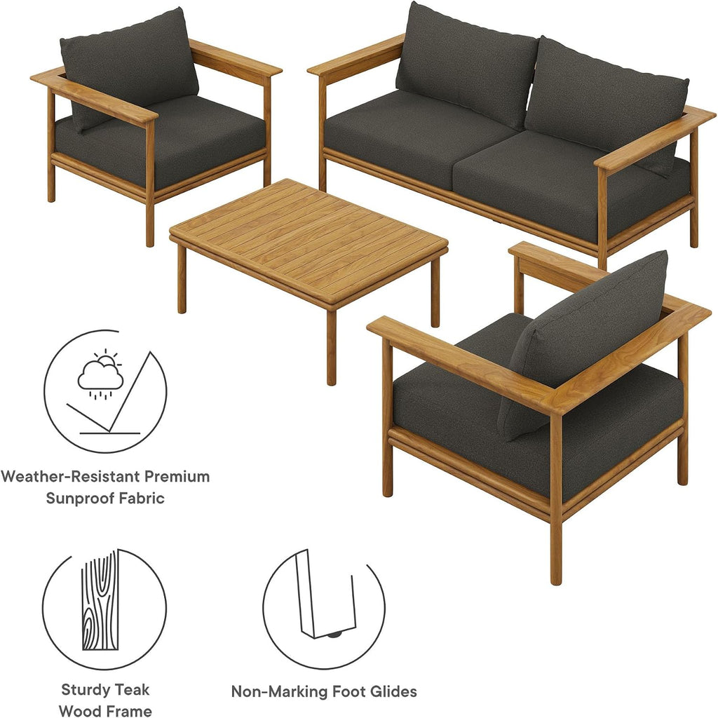 Wren Teak Wood Outdoor Patio 4 Piece Furniture Set in Natural Flint Gray