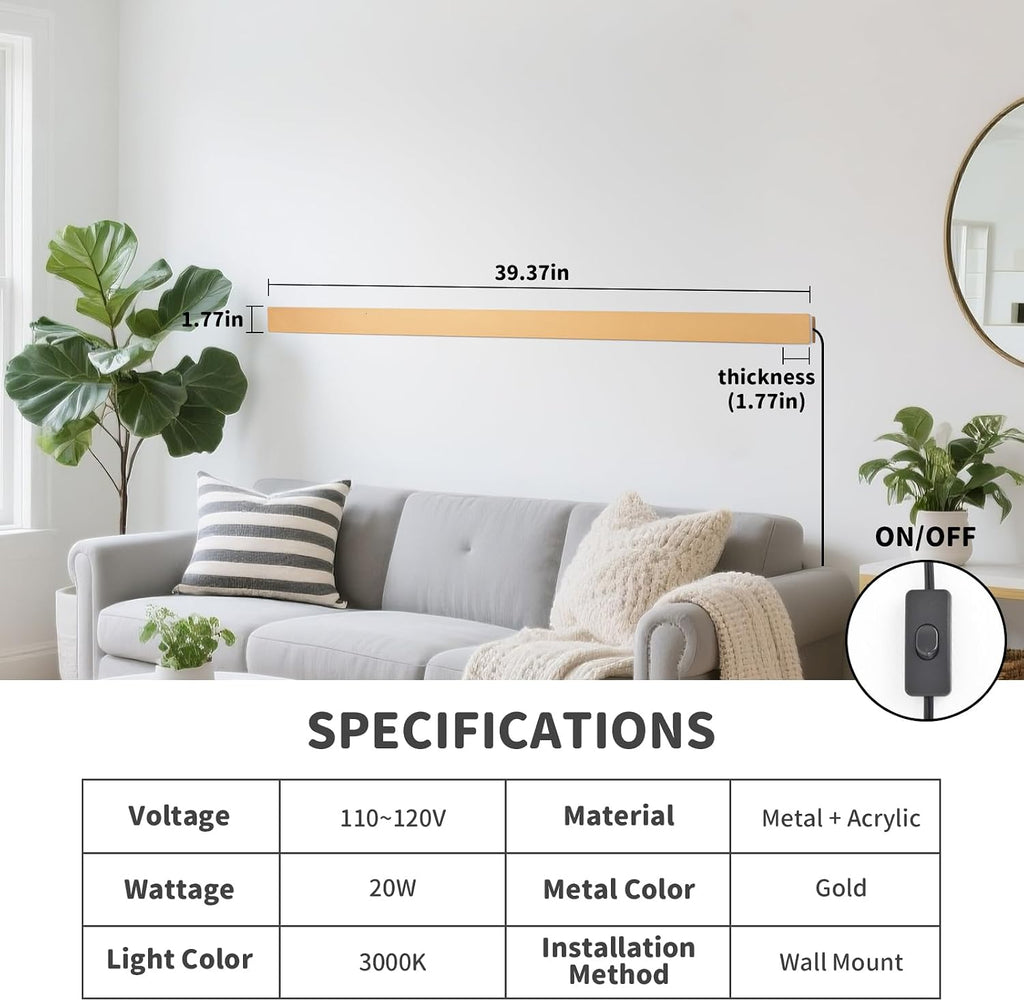 Modern Plug in Long Wall Sconce, 39" Gold Matte LED Wall Lights, 20W Warm White 3000K Acrylic Indoor Wall lamp, with