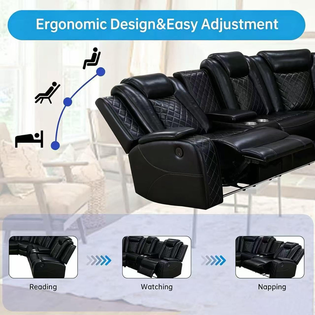 Power Reclining Sofa Set with LED Light, Leather Sectional Couch, Living Room Furniture Sets, Modern Power Recliner