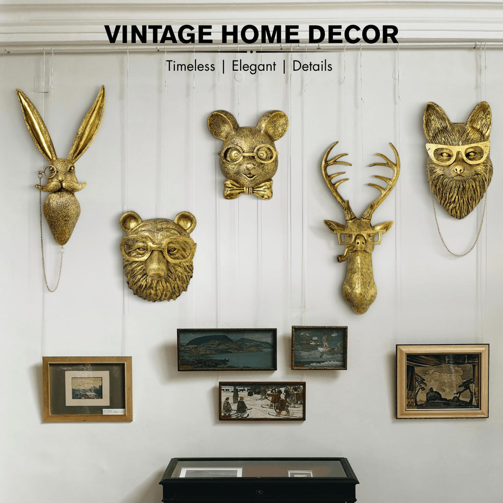5 PCS Animals Head Wall Art Sculptures 17 inchs Gold Office Vintage 3D Wall Decor Art for Whimsigoth Home Wall Decor